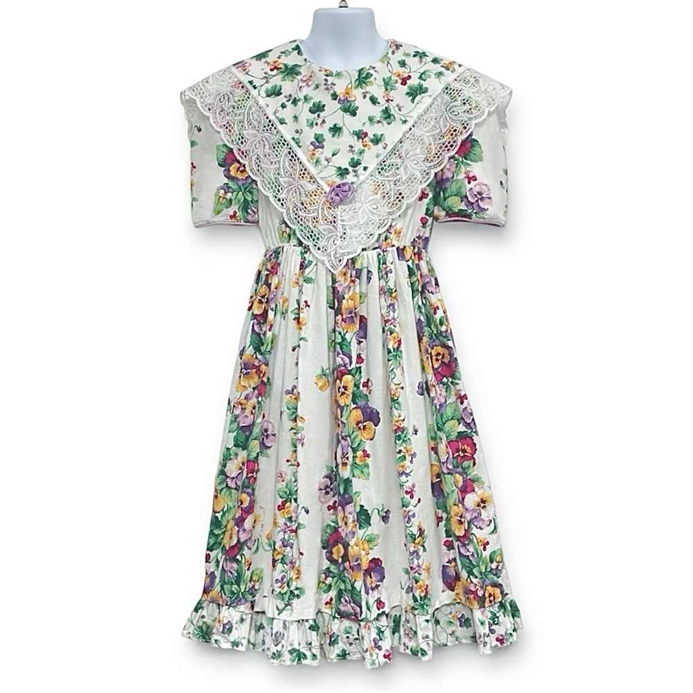 Carrousel Vintage 80s Girl’s Lace Trimmed Floral Print Cotton Dress Size 8